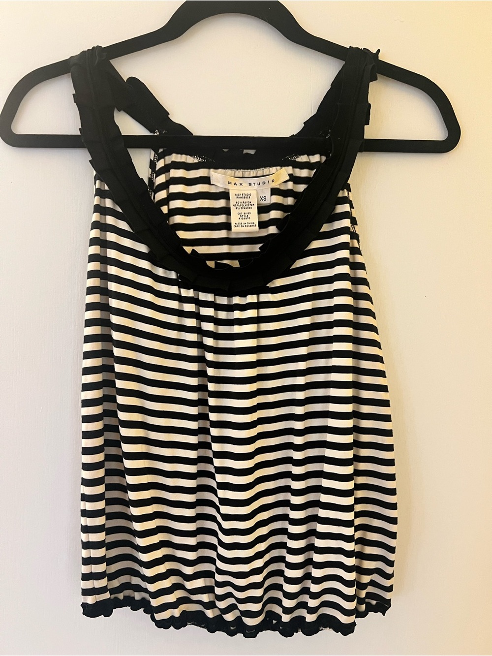 Max Studio Black White Striped Bubble Hem Ruffle Neck Tank Top XS